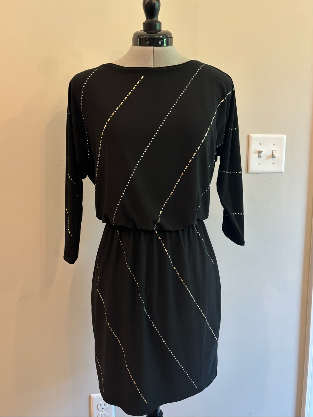 White House Black Market Black Midi Dress with Metallic Dot Diagonals 0243